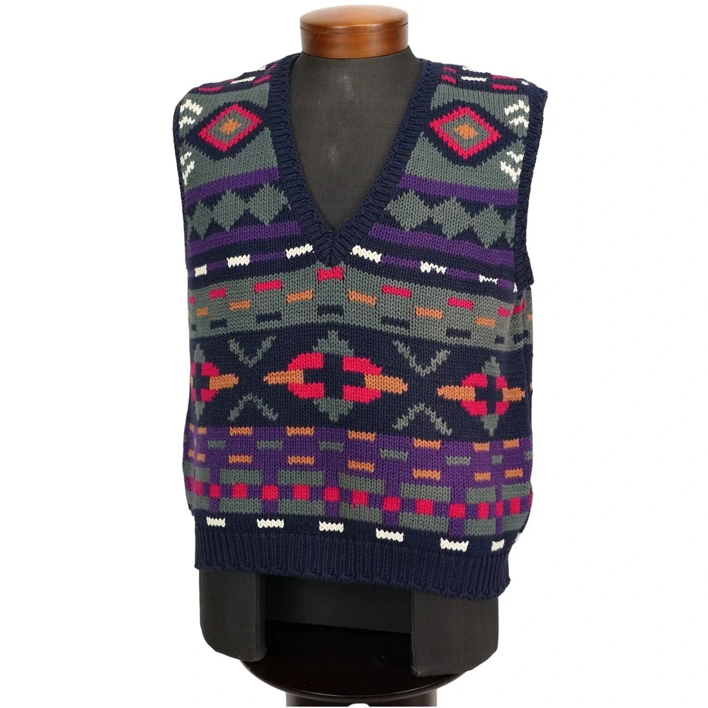 VTG Eddie Bauer‎ Sweater Vest M Intarsia Southwestern GEO Aztec 90s Mens Knit